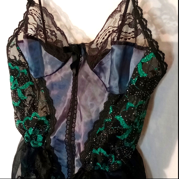 Vintage Nani Flower 80's Nylon lace teddy bodysuit size small green black floral - Picture 5 of 8